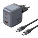 Vention Ładowarka GaN Vention USB-C+C+A 70W + Kabel USB-C do USB-C 1m (Szara)