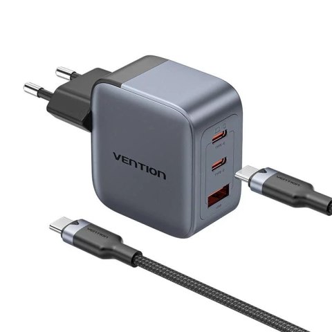 Vention Ładowarka GaN Vention USB-C+C+A 70W + Kabel USB-C do USB-C 1m (Szara) Vention Ładowarka GaN Vention USB-C+C+A 70W + Kabel USB-C do USB-C 1m (Szara)