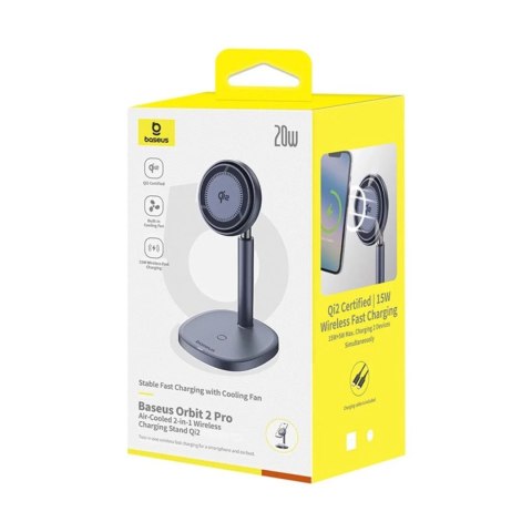 Baseus Ładowarka indukcyjna Baseus Orbit 2 Pro MagSafe Qi2 20W 2w1 z chłodzeniem szara Baseus Ładowarka indukcyjna Baseus Orbit 2 Pro MagSafe Qi2 20W 2w1 z chłodzeniem szara