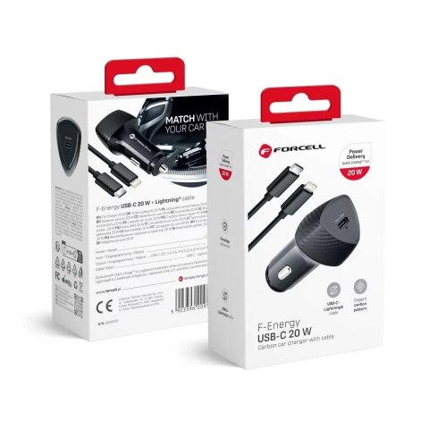 Forcell Ładowarka samochodowa Forcell Carbon 20W USB-C + kabel Lightning Forcell Ładowarka samochodowa Forcell Carbon 20W USB-C + kabel Lightning