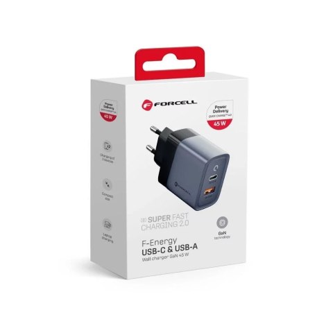 Forcell Ładowarka sieciowa Forcell GaN 45W USB-C + USB-A PD QC SFC Szara Forcell Ładowarka sieciowa Forcell GaN 45W USB-C + USB-A PD QC SFC Szara