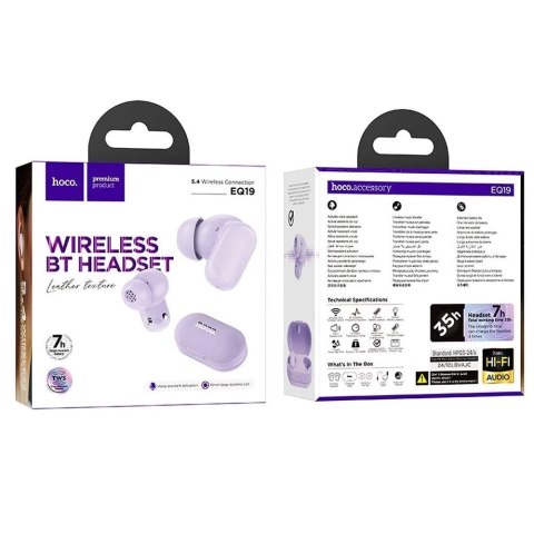 Hoco Słuchawki bezprzewodowe Bluetooth HOCO TWS EQ19 Etui ładujące Fioletowe Hoco Słuchawki bezprzewodowe Bluetooth HOCO TWS EQ19 Etui ładujące Fioletowe