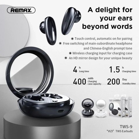 Remax Słuchawki bezprzewodowe Bluetooth 5.0 z Etui, Lusterkiem, Czarne REMAX TWS-9 Remax Słuchawki bezprzewodowe Bluetooth 5.0 z Etui, Lusterkiem, Czarne REMAX TWS-9