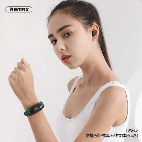 Remax Słuchawki bezprzewodowe Bluetooth REMAX TWS-15 z stacją dokującą w smartbandzie Remax Słuchawki bezprzewodowe Bluetooth REMAX TWS-15 z stacją dokującą w smartbandzie
