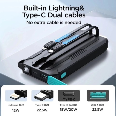 Joyroom Powerbank Joyroom 10000mAh 22.5W z kablami USB-C i Lightning czarny Joyroom Powerbank Joyroom 10000mAh 22.5W z kablami USB-C i Lightning czarny