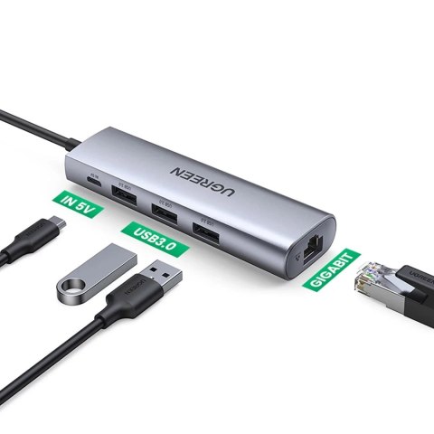 UGreen Adapter Ugreen CM266 USB-A 3.0 RJ45 3x USB-A micro USB Hub 5w1 Szary UGreen Adapter Ugreen CM266 USB-A 3.0 RJ45 3x USB-A micro USB Hub 5w1 Szary