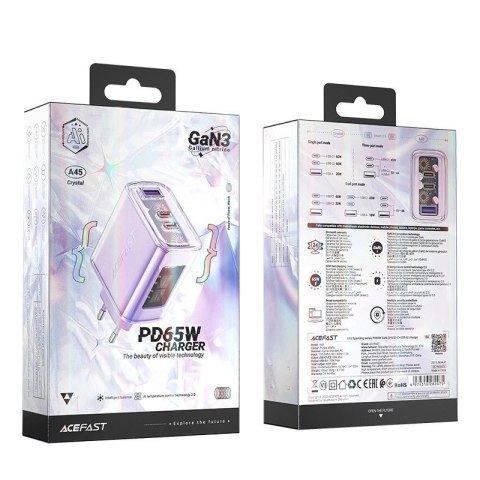 Acefast Ładowarka sieciowa Acefast A45 GaN 65W 3 porty USB (1xUSB, 2xUSB-C) fioletowa Acefast Ładowarka sieciowa Acefast A45 GaN 65W 3 porty USB (1xUSB, 2xUSB-C) fioletowa