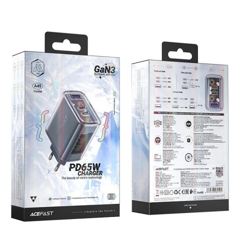 Acefast Ładowarka sieciowa Acefast A45 GaN 65W 3 porty USB (1xUSB, 2xUSB-C) szara Acefast Ładowarka sieciowa Acefast A45 GaN 65W 3 porty USB (1xUSB, 2xUSB-C) szara