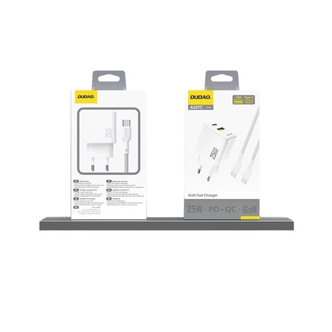 Dudao Ładowarka Dudao A26T 25W GaN USB-A, USB-C | Power Delivery, Quick Charge - Biała Dudao Ładowarka Dudao A26T 25W GaN USB-A, USB-C | Power Delivery, Quick Charge - Biała