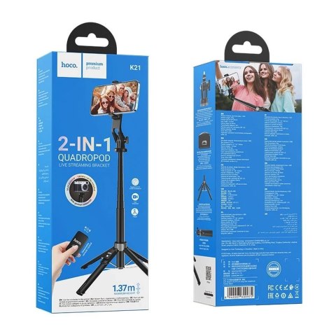 Hoco Selfie stick HOCO K21 z pilotem Bluetooth i statywem 1,37 m Hoco Selfie stick HOCO K21 z pilotem Bluetooth i statywem 1,37 m