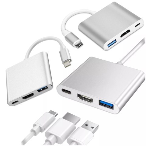 Alogy Adapter HUB 3w1 Alogy przejściówka USB-C 3.0 HDMI USB-A Srebrny
