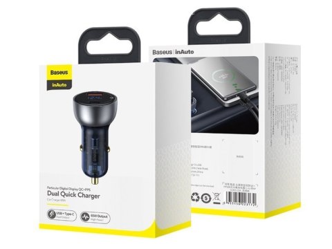 Baseus Ładowarka samochodowa Baseus USB/Type-C LED 65W QC PPS Srebrna Baseus Ładowarka samochodowa Baseus USB/Type-C LED 65W QC PPS Srebrna