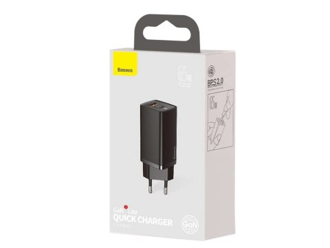 Baseus Ładowarka sieciowa szybka Baseus GaN2 Lite USB + USB-C 65W EU Czarna Baseus Ładowarka sieciowa szybka Baseus GaN2 Lite USB + USB-C 65W EU Czarna