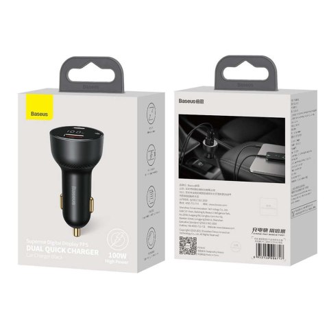 Baseus Ładowarka samochodowa szybka Baseus Superme USB USB Typ C 100W PPS QC PD Czarna Baseus Ładowarka samochodowa szybka Baseus Superme USB USB Typ C 100W PPS QC PD Czarna