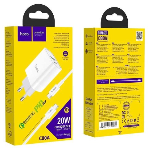 Hoco Case Ładowarka sieciowa Hoco C80A Network PD20W/QC3.0 + kabel USB-C White Hoco Case Ładowarka sieciowa Hoco C80A Network PD20W/QC3.0 + kabel USB-C White