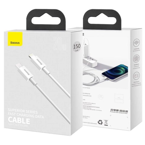 Baseus Kabel 1.5m Baseus Superior przewód USB-C Type C do Lightning PD 20W Biały Baseus Kabel 1.5m Baseus Superior przewód USB-C Type C do Lightning PD 20W Biały