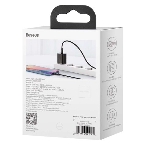 Baseus Ładowarka sieciowa zasilacz Baseus Super Si USB-C Type C PD Power Delivery 30W Czarna Baseus Ładowarka sieciowa zasilacz Baseus Super Si USB-C Type C PD Power Delivery 30W Czarna