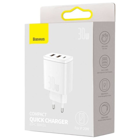 Baseus Ładowarka sieciowa Baseus Compact Quick Charger 2xUSB USB-C PD QC 3.0 3A 30W Biała Baseus Ładowarka sieciowa Baseus Compact Quick Charger 2xUSB USB-C PD QC 3.0 3A 30W Biała