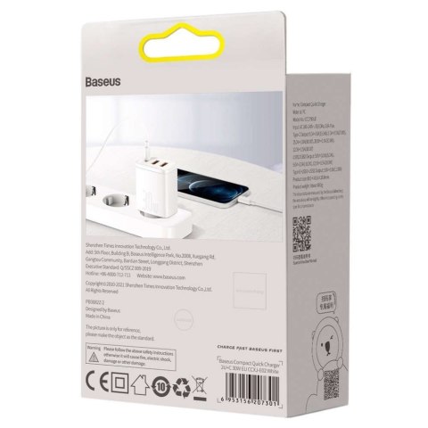 Baseus Ładowarka sieciowa Baseus Compact Quick Charger 2xUSB USB-C PD QC 3.0 3A 30W Biała Baseus Ładowarka sieciowa Baseus Compact Quick Charger 2xUSB USB-C PD QC 3.0 3A 30W Biała