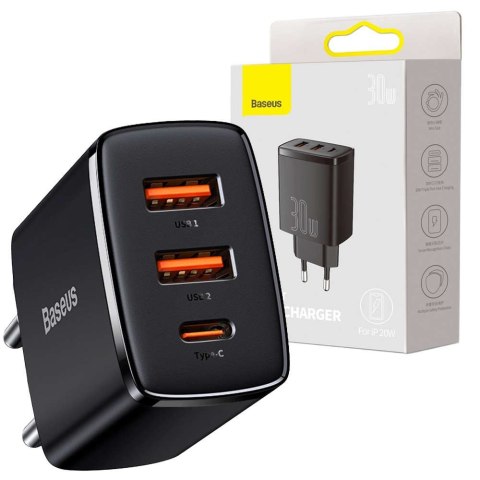 Baseus Ładowarka sieciowa Baseus Compact Quick Charger 2xUSB USB-C PD QC 3.0 3A 30W Czarna Baseus Ładowarka sieciowa Baseus Compact Quick Charger 2xUSB USB-C PD QC 3.0 3A 30W Czarna