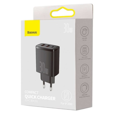 Baseus Ładowarka sieciowa Baseus Compact Quick Charger 2xUSB USB-C PD QC 3.0 3A 30W Czarna Baseus Ładowarka sieciowa Baseus Compact Quick Charger 2xUSB USB-C PD QC 3.0 3A 30W Czarna