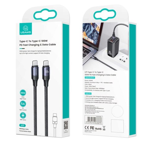 Usams Kabel przewód USAMS USB-C do USB-C 100W PD Fast Charge QC FCP 3m Czarny Usams Kabel przewód USAMS USB-C do USB-C 100W PD Fast Charge QC FCP 3m Czarny