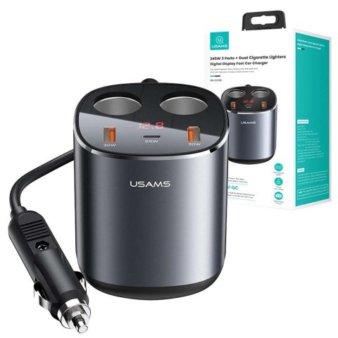 Usams Rozdzielacz rozgałęźnik gniazda zapalniczki USAMS ładowarka samochodowa 2x USB + 1x USB-C 245W Szary Usams Rozdzielacz rozgałęźnik gniazda zapalniczki USAMS ładowarka samochodowa 2x USB + 1x USB-C 245W Szary