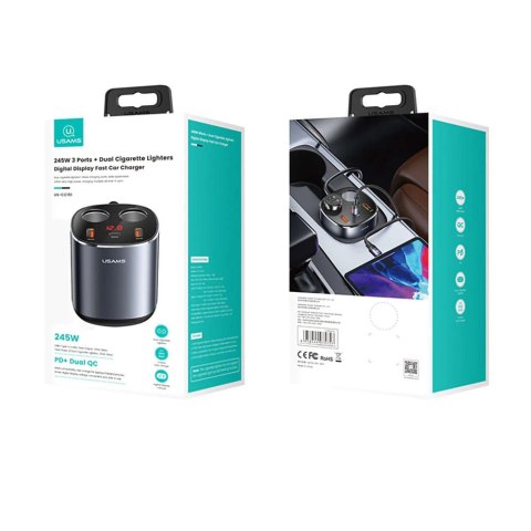 Usams Rozdzielacz rozgałęźnik gniazda zapalniczki USAMS ładowarka samochodowa 2x USB + 1x USB-C 245W Szary Usams Rozdzielacz rozgałęźnik gniazda zapalniczki USAMS ładowarka samochodowa 2x USB + 1x USB-C 245W Szary