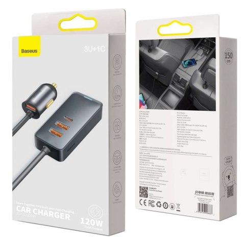 Baseus Ładowarka samochodowa Baseus Share Together z przedłużaczem 3x USB + USB-C 120W Szara Baseus Ładowarka samochodowa Baseus Share Together z przedłużaczem 3x USB + USB-C 120W Szara
