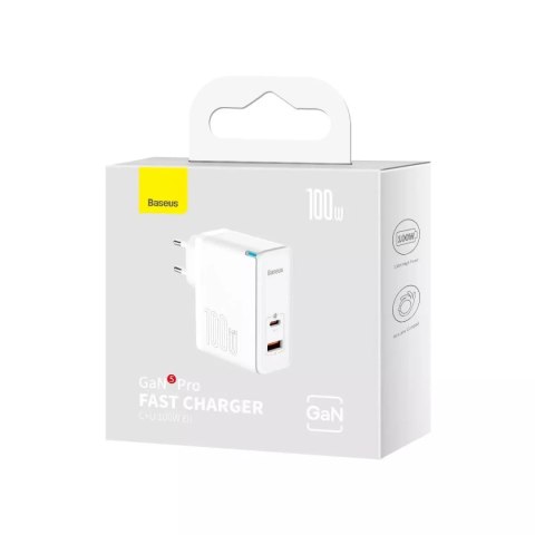 Baseus Baseus GaN5 Pro szybka uniwersalna ładowarka sieciowa GaN USB Typ C / USB 100W PD3.0, QC4.0+, AFC biały (CCGP090202) Baseus Baseus GaN5 Pro szybka uniwersalna ładowarka sieciowa GaN USB Typ C / USB 100W PD3.0, QC4.0+, AFC biały (CCGP090202)