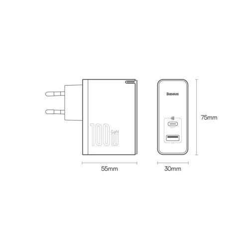 Baseus Baseus GaN5 Pro szybka uniwersalna ładowarka sieciowa GaN USB Typ C / USB 100W PD3.0, QC4.0+, AFC biały (CCGP090202) Baseus Baseus GaN5 Pro szybka uniwersalna ładowarka sieciowa GaN USB Typ C / USB 100W PD3.0, QC4.0+, AFC biały (CCGP090202)