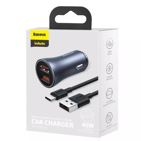 Baseus Baseus Golden Contactor Pro szybka ładowarka samochodowa 2x USB 40 W Quick Charge SCP FCP AFC + kabel USB - USB Typ C szary (TZC Baseus Baseus Golden Contactor Pro szybka ładowarka samochodowa 2x USB 40 W Quick Charge SCP FCP AFC + kabel USB - USB Typ C szary (TZC