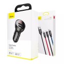 Baseus Baseus ładowarka samochodowa 2x USB 4,8A 24W z LCD + kabel 3w1 USB - USB Typ C / micro USB / Lightning 1,2m czarny (TZCCBX-0G)