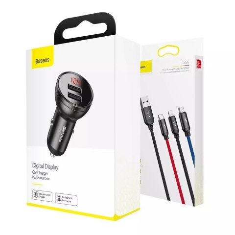 Baseus Baseus ładowarka samochodowa 2x USB 4,8A 24W z LCD + kabel 3w1 USB - USB Typ C / micro USB / Lightning 1,2m czarny (TZCCBX-0G) Baseus Baseus ładowarka samochodowa 2x USB 4,8A 24W z LCD + kabel 3w1 USB - USB Typ C / micro USB / Lightning 1,2m czarny (TZCCBX-0G)