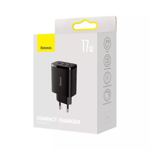 Baseus Ładowarka sieciowa Baseus Compact 3x USB Type A 17W Czarna Baseus Ładowarka sieciowa Baseus Compact 3x USB Type A 17W Czarna