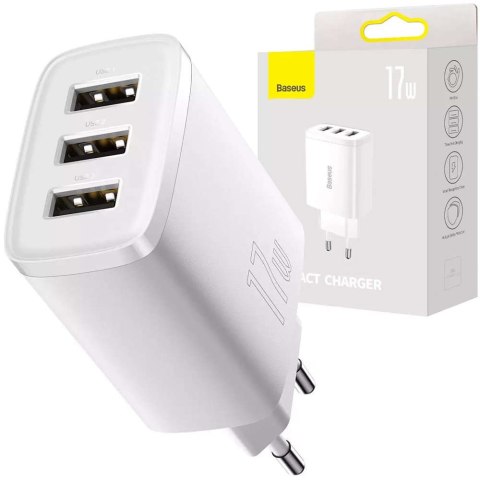 Baseus Ładowarka sieciowa Baseus Compact Quick Charger 3x USB 17W do telefonu tabletu słuchawek Biała Baseus Ładowarka sieciowa Baseus Compact Quick Charger 3x USB 17W do telefonu tabletu słuchawek Biała