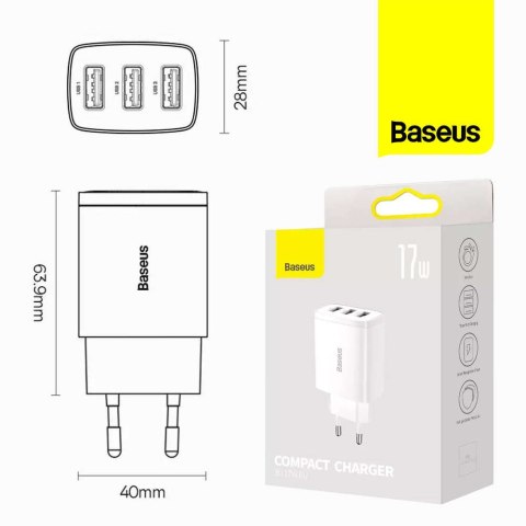 Baseus Ładowarka sieciowa Baseus Compact Quick Charger 3x USB 17W do telefonu tabletu słuchawek Biała Baseus Ładowarka sieciowa Baseus Compact Quick Charger 3x USB 17W do telefonu tabletu słuchawek Biała