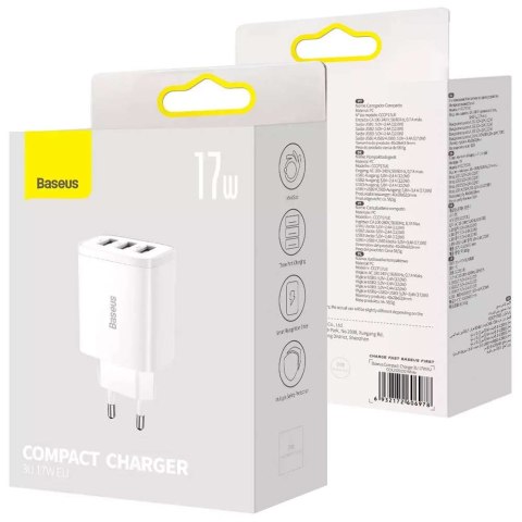Baseus Ładowarka sieciowa Baseus Compact Quick Charger 3x USB 17W do telefonu tabletu słuchawek Biała Baseus Ładowarka sieciowa Baseus Compact Quick Charger 3x USB 17W do telefonu tabletu słuchawek Biała