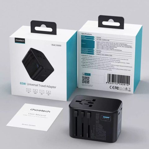 Choetech Choetech szybka uniwersalna ładowarka sieciowa podróżna GaN 2 x USB Typ C / USB 65W Power Delivery czarny (PD5009-BK)