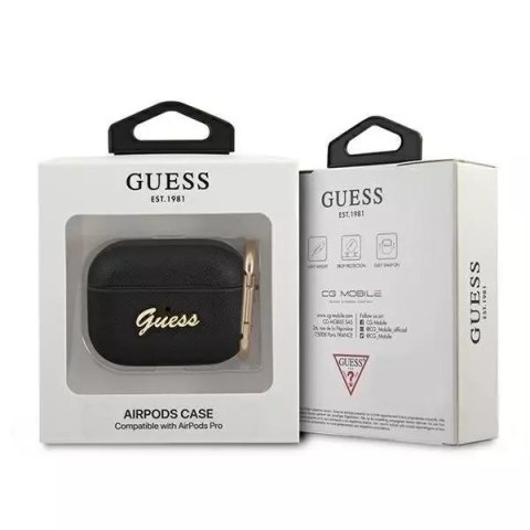 Guess Guess GUAPSASMK AirPods Pro cover czarny/black Saffiano Script Metal Collection Guess Guess GUAPSASMK AirPods Pro cover czarny/black Saffiano Script Metal Collection