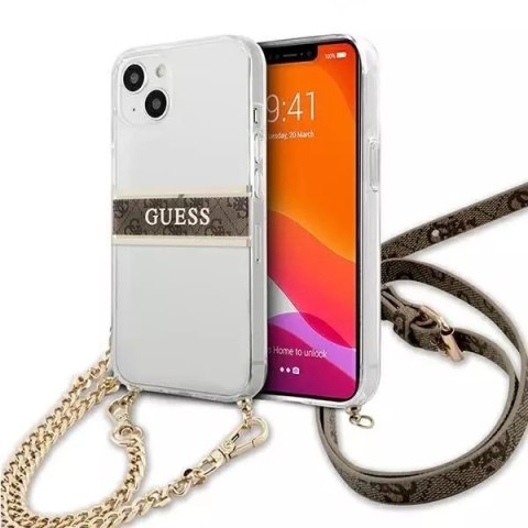 Guess Guess GUHCP13SKC4GBGO iPhone 13 mini 5,4" Transparent hardcase 4G Brown Strap Gold Chain Guess Guess GUHCP13SKC4GBGO iPhone 13 mini 5,4" Transparent hardcase 4G Brown Strap Gold Chain