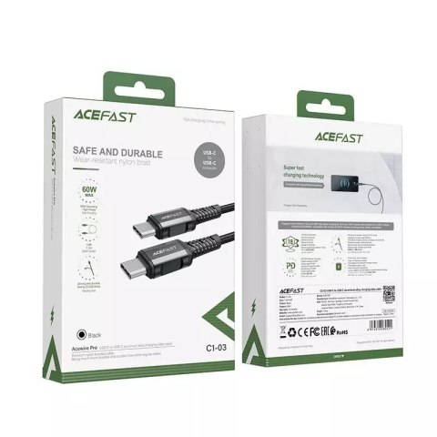 Acefast Acefast kabel USB Typ C - USB Typ C 1,2m, 60W (20V/3A) czarny (C1-03 black) Acefast Acefast kabel USB Typ C - USB Typ C 1,2m, 60W (20V/3A) czarny (C1-03 black)