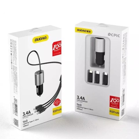 Dudao Dudao 3w1 ładowarka samochodowa USB 3,4 A wbudowany kabel Lightning / USB Typ C / micro USB czarny (R5ProN black) Dudao Dudao 3w1 ładowarka samochodowa USB 3,4 A wbudowany kabel Lightning / USB Typ C / micro USB czarny (R5ProN black)
