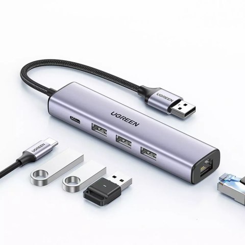 UGreen HUB UGREEN wielofunkcyjny adapter HUB USB 3.0 - 3 x USB / Ethernet RJ-45 / USB Typ C PD szary (CM475)