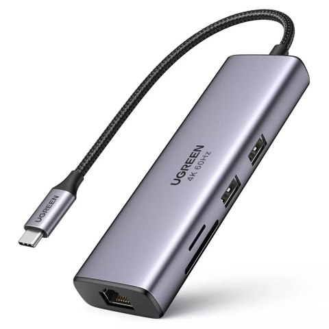 UGreen Wielofunkcyjny HUB UGREEN 7w1 USB Typ C - 2x USB 3.2 Gen 1 / HDMI 4K 60Hz / czytnik kart SD i TF / USB Typ C PD 100W / RJ45 100 UGreen Wielofunkcyjny HUB UGREEN 7w1 USB Typ C - 2x USB 3.2 Gen 1 / HDMI 4K 60Hz / czytnik kart SD i TF / USB Typ C PD 100W / RJ45 100