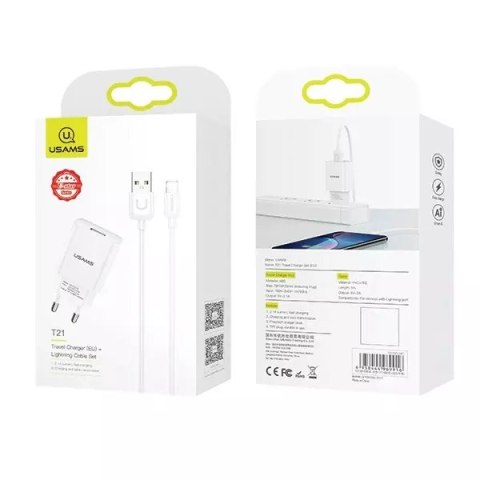 Usams USAMS Ładowarka sieciowa 1x USB T21 lightning biały/white 2,1A Fast Charging T21OCLN01 Usams USAMS Ładowarka sieciowa 1x USB T21 lightning biały/white 2,1A Fast Charging T21OCLN01