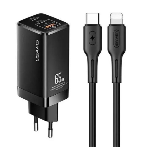 Usams USAMS Ładowarka sieciowa MT 2xUSB-C+USB GaN 65W T33 PD + kabel USB-C-Lightning 30W Fast Charging czarny/black MTXLOGTL01 Usams USAMS Ładowarka sieciowa MT 2xUSB-C+USB GaN 65W T33 PD + kabel USB-C-Lightning 30W Fast Charging czarny/black MTXLOGTL01