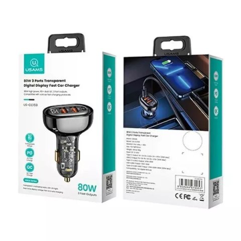 Usams USAMS Ładowarka samochodowa 2xUSB+1xUSB-C 80W Fast Charge czarny/black CC159CC01 (US-CC159) Usams USAMS Ładowarka samochodowa 2xUSB+1xUSB-C 80W Fast Charge czarny/black CC159CC01 (US-CC159)