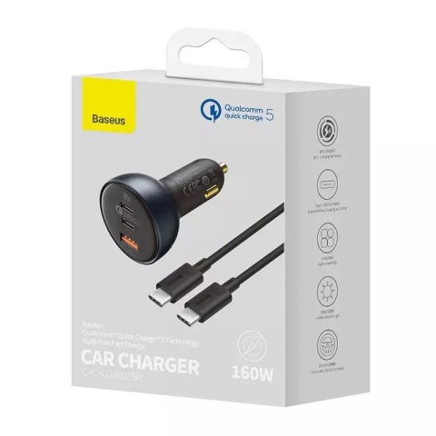 Baseus Ładowarka samochodowa Baseus Qualcomm, USB, 2x USB-C, 160W (szara) Baseus Ładowarka samochodowa Baseus Qualcomm, USB, 2x USB-C, 160W (szara)