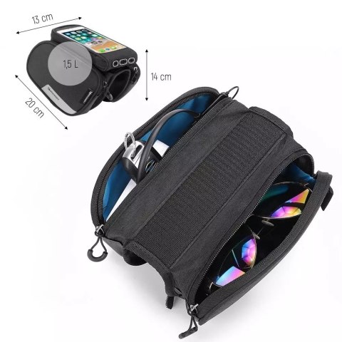 Wozinsky Wozinsky torba rowerowa na ramę + odczepiany pokrowiec na telefon do 6,5" 1,5l czarna (WBB7BK) Wozinsky Wozinsky torba rowerowa na ramę + odczepiany pokrowiec na telefon do 6,5" 1,5l czarna (WBB7BK)